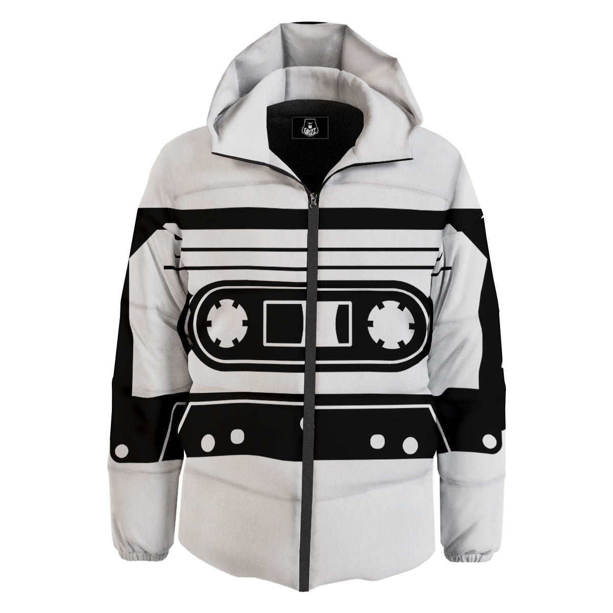 Cassette Tape White And Black Print Down Jacket-grizzshop