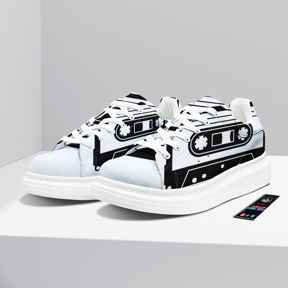 Cassette Tape White And Black Print Platform Shoes-grizzshop