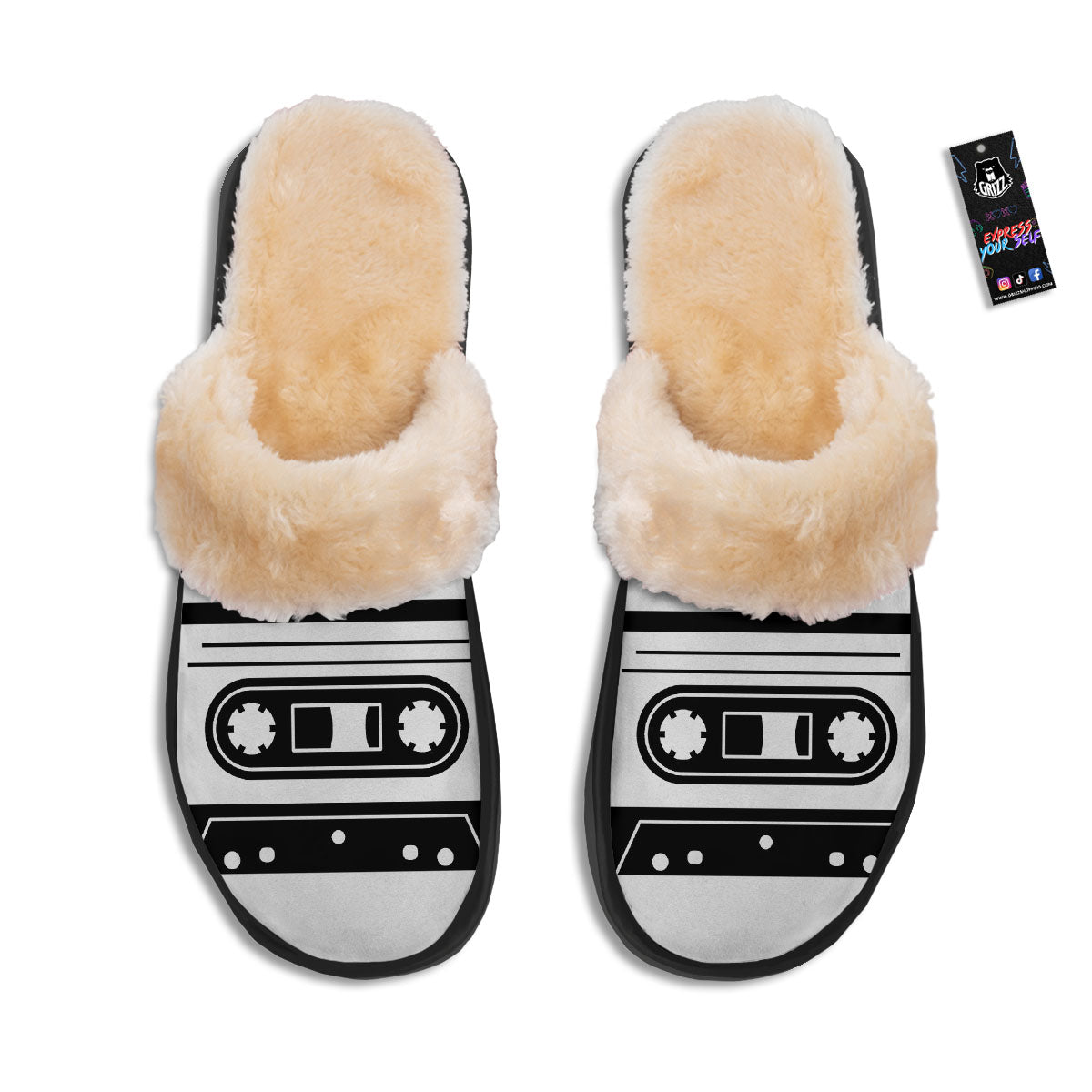 Cassette Tape White And Black Print Slippers-grizzshop