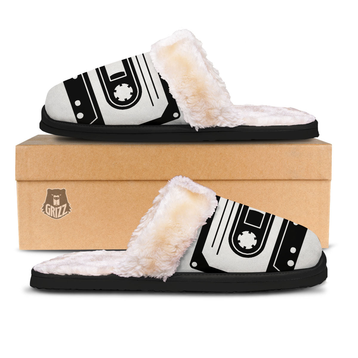 Cassette Tape White And Black Print Slippers-grizzshop