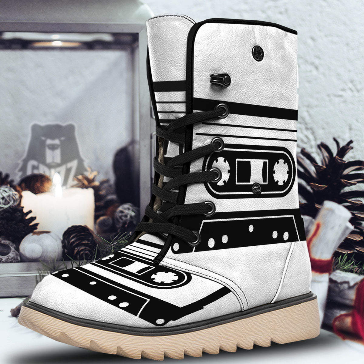 Cassette Tape White And Black Print Snow Boots-grizzshop