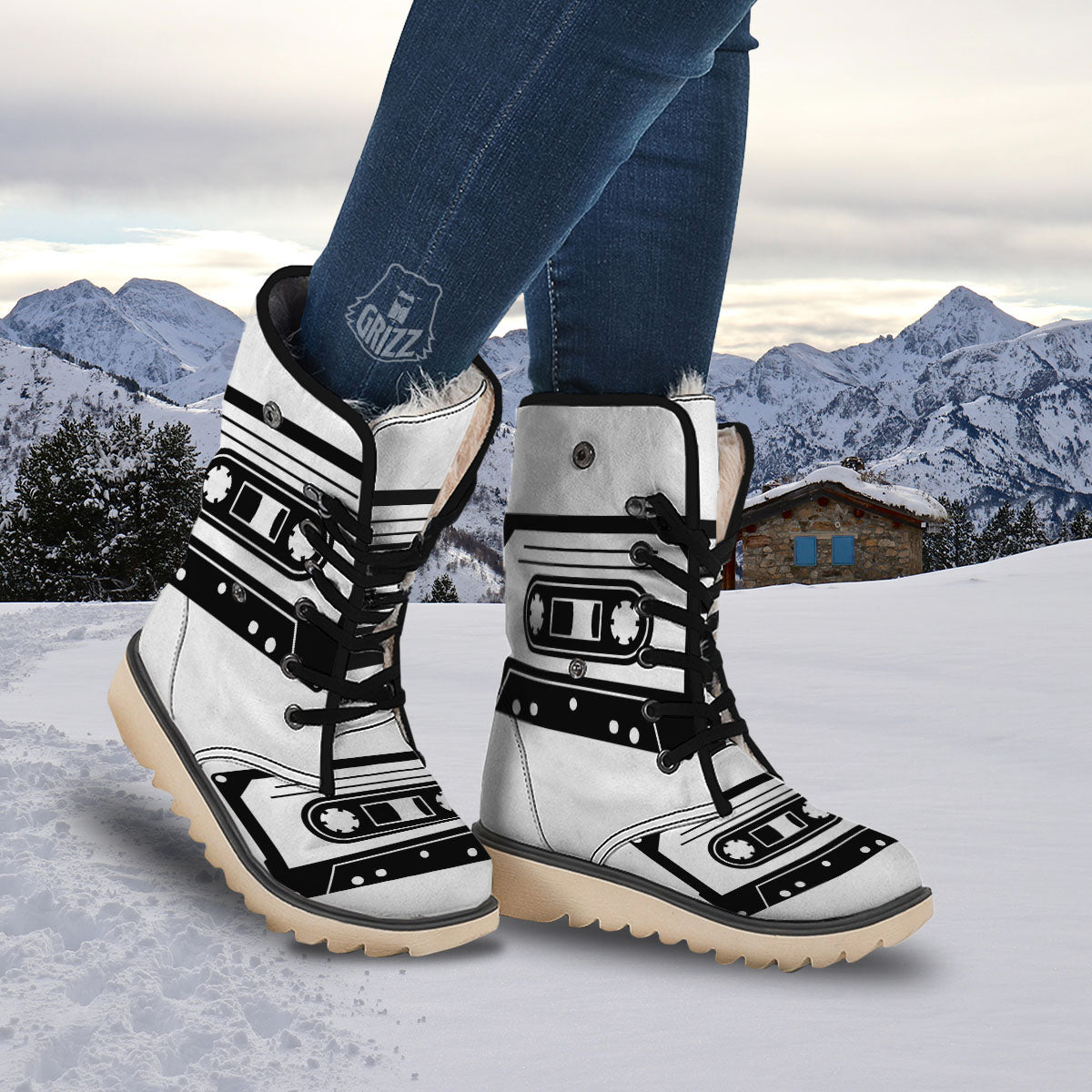 Cassette Tape White And Black Print Snow Boots-grizzshop