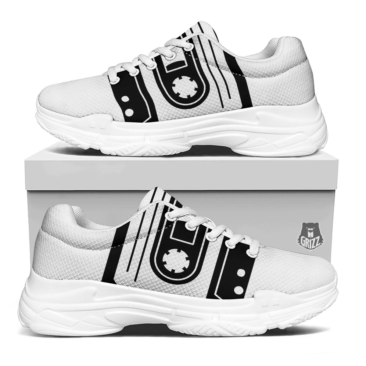 Cassette Tape White And Black Print White Chunky Shoes-grizzshop