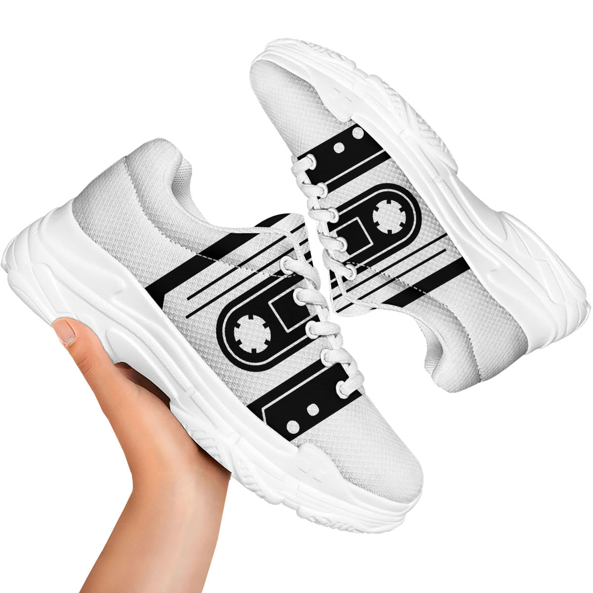 Cassette Tape White And Black Print White Chunky Shoes-grizzshop