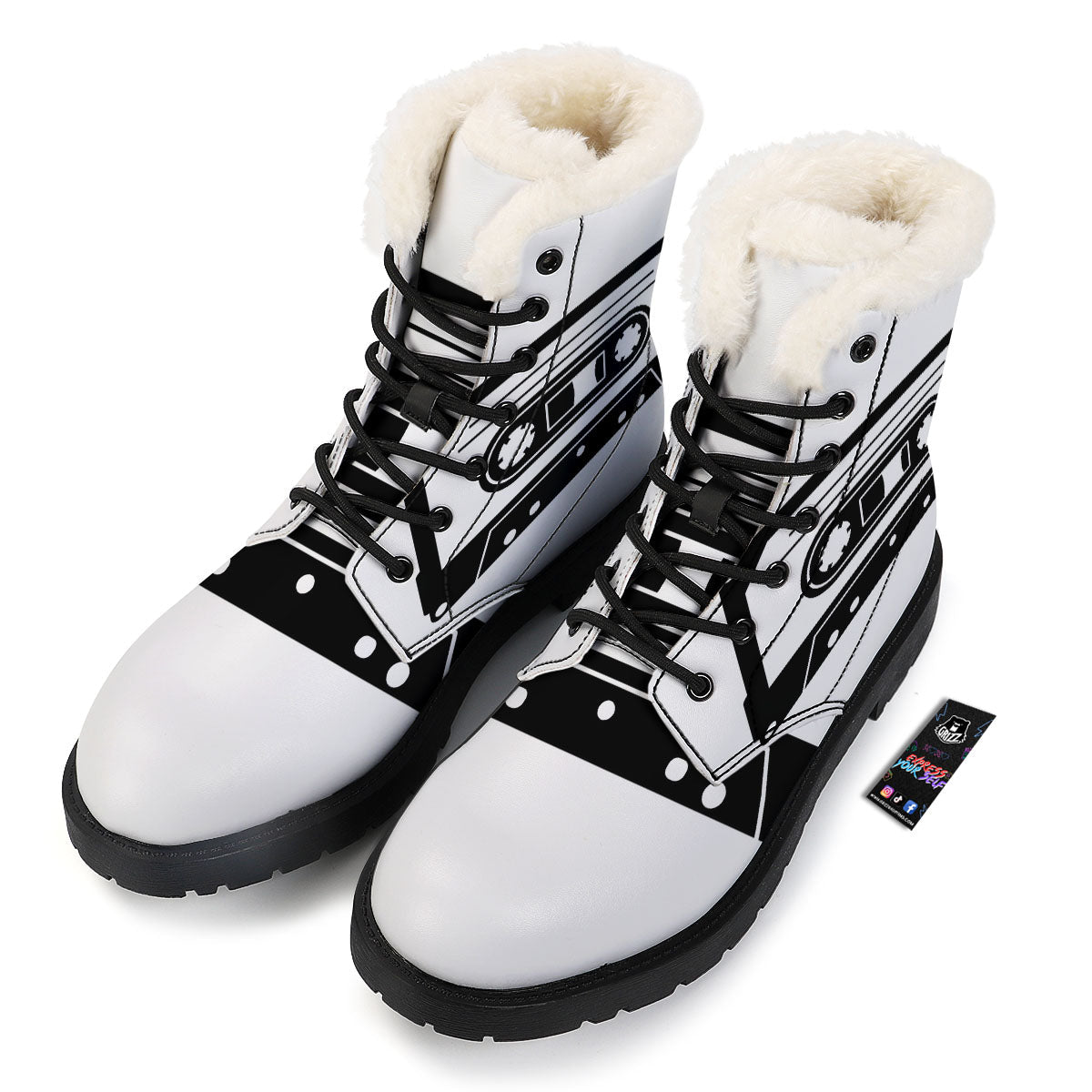 Cassette Tape White And Black Print Winter Boots-grizzshop