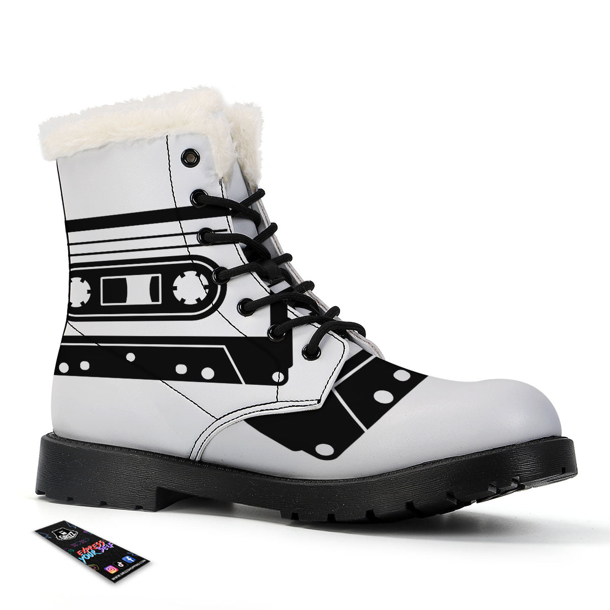 Cassette Tape White And Black Print Winter Boots-grizzshop