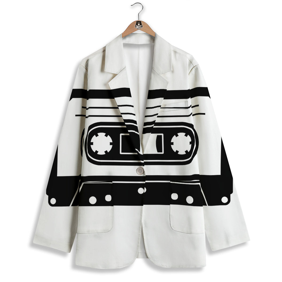 Cassette Tape White And Black Print Women's Blazer-grizzshop
