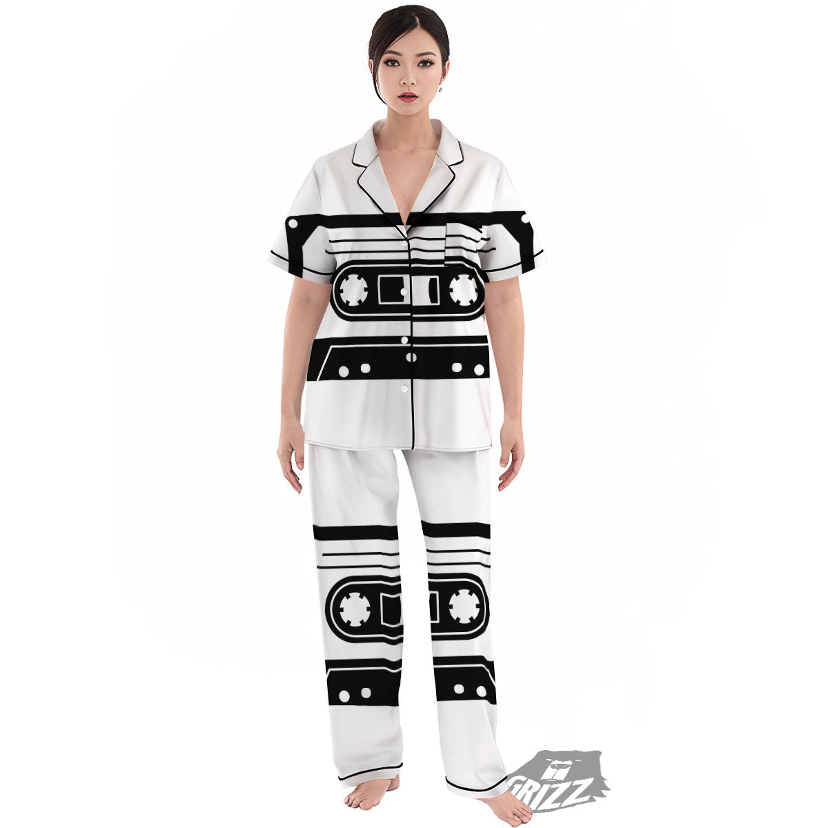 Cassette Tape White And Black Print Women's Pajamas Set-grizzshop