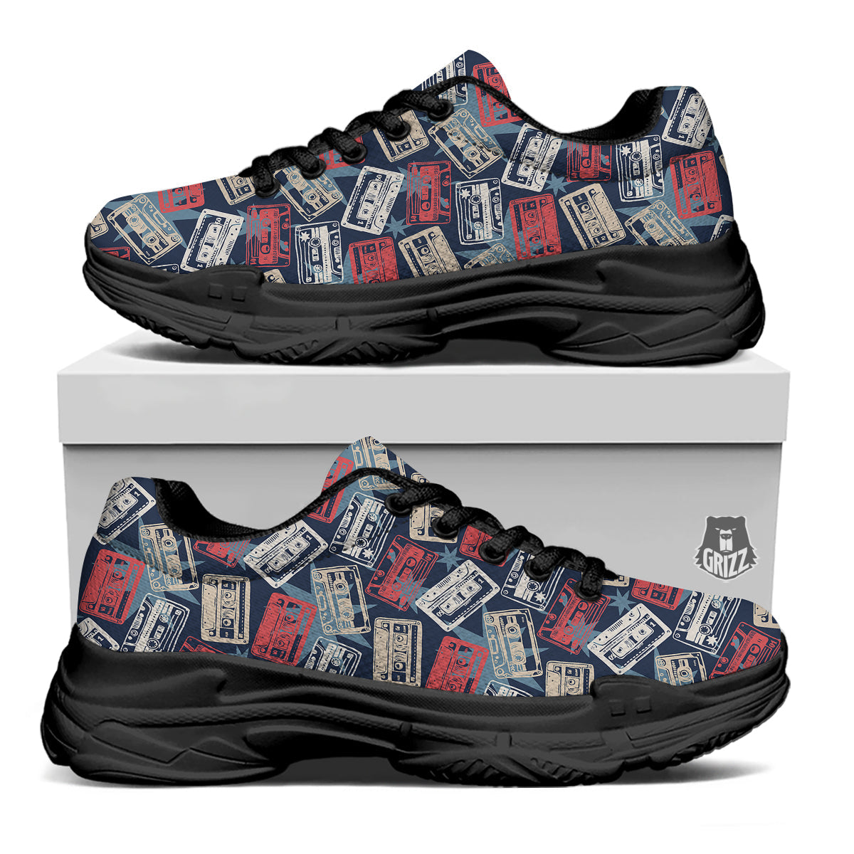Cassette Vintage Print Pattern Black Chunky Shoes-grizzshop