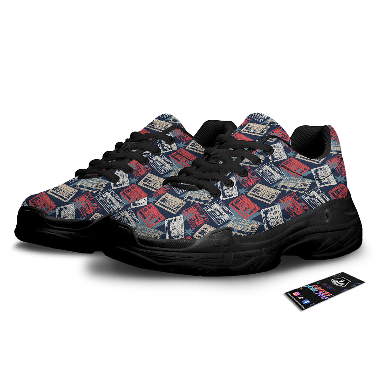 Cassette Vintage Print Pattern Black Chunky Shoes-grizzshop