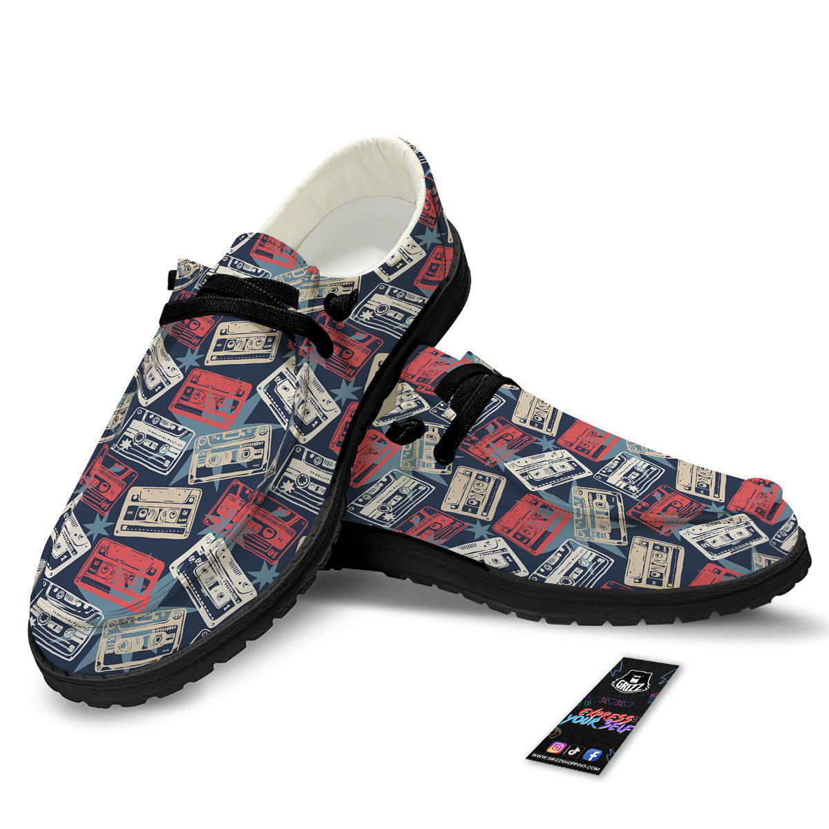 Cassette Vintage Print Pattern Black Loafers-grizzshop