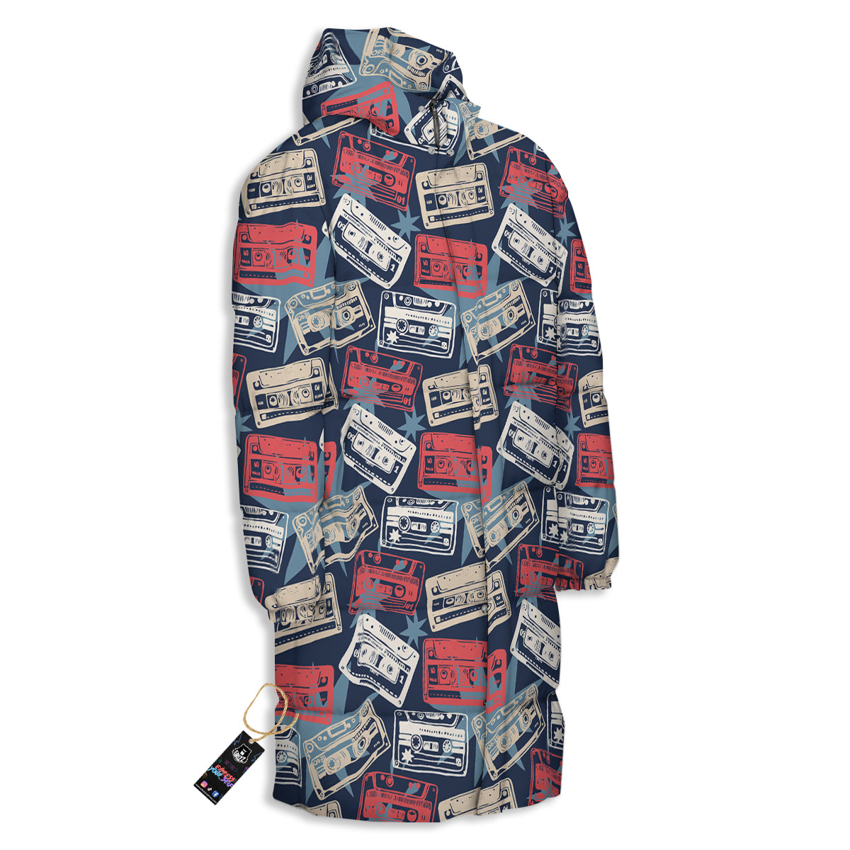 Cassette Vintage Print Pattern Long Down Jacket-grizzshop