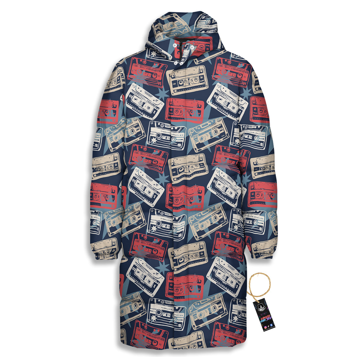 Cassette Vintage Print Pattern Long Down Jacket-grizzshop