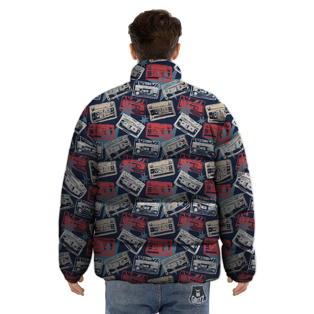 Cassette Vintage Print Pattern Puffer Jacket-grizzshop