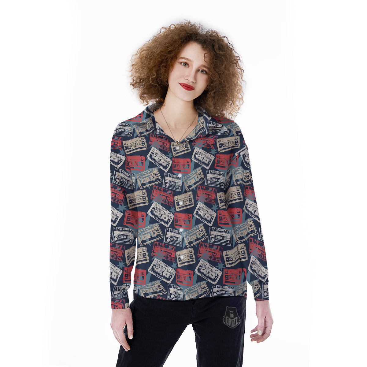 Cassette Vintage Print Pattern Women's Long Sleeve Shirts-grizzshop