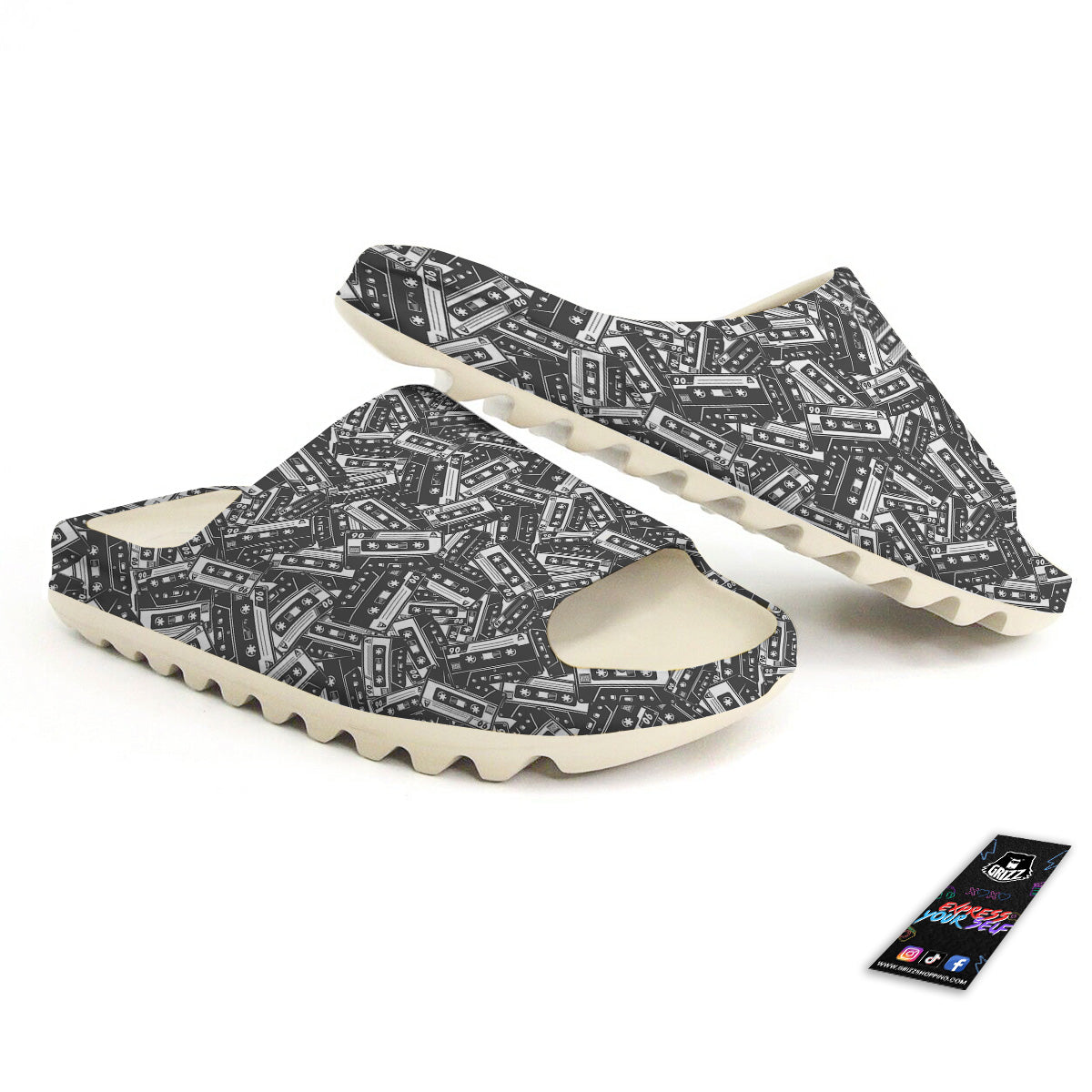 Cassette Tape Monochrome Print Pattern Sandals