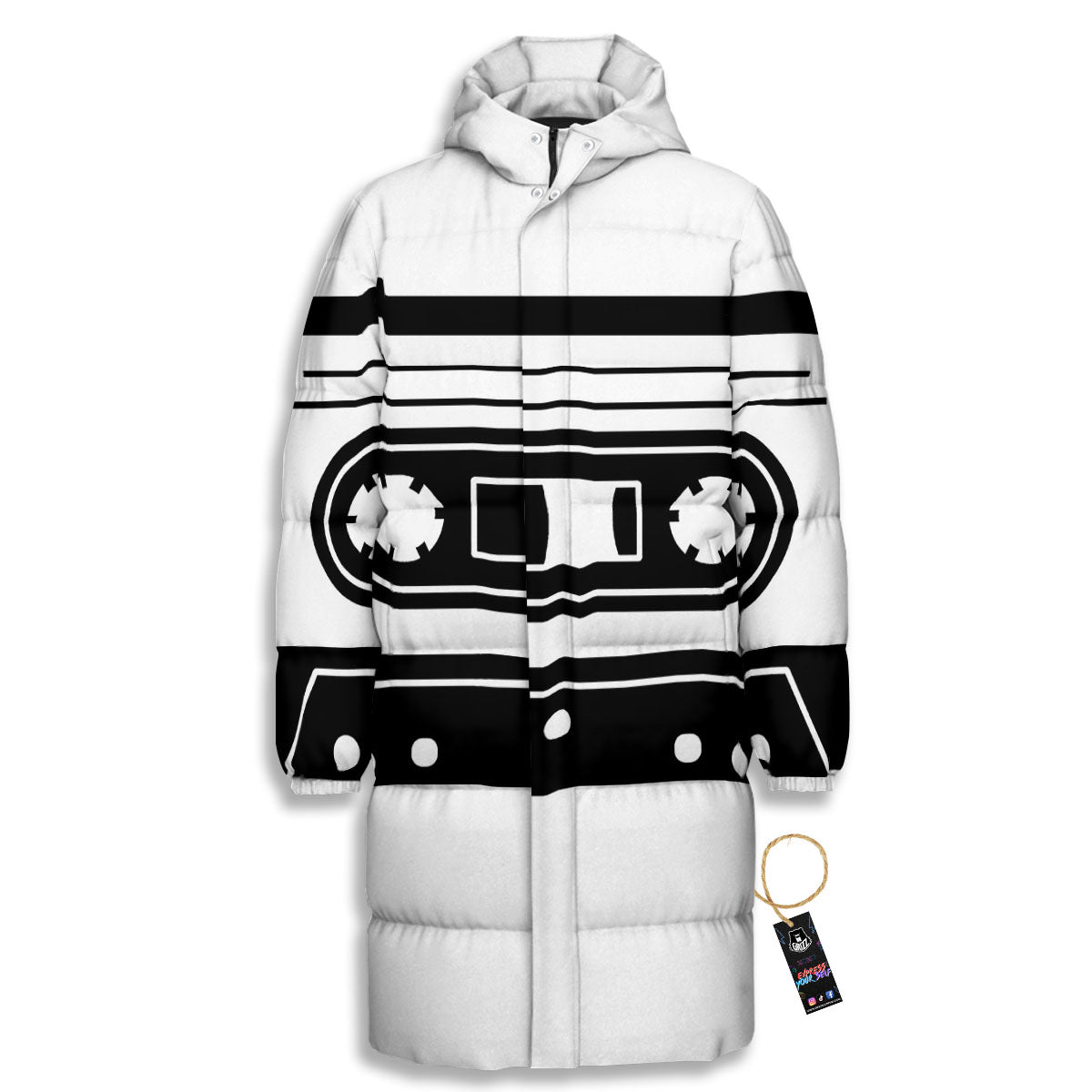 Cassette Tape White And Black Print Long Down Jacket