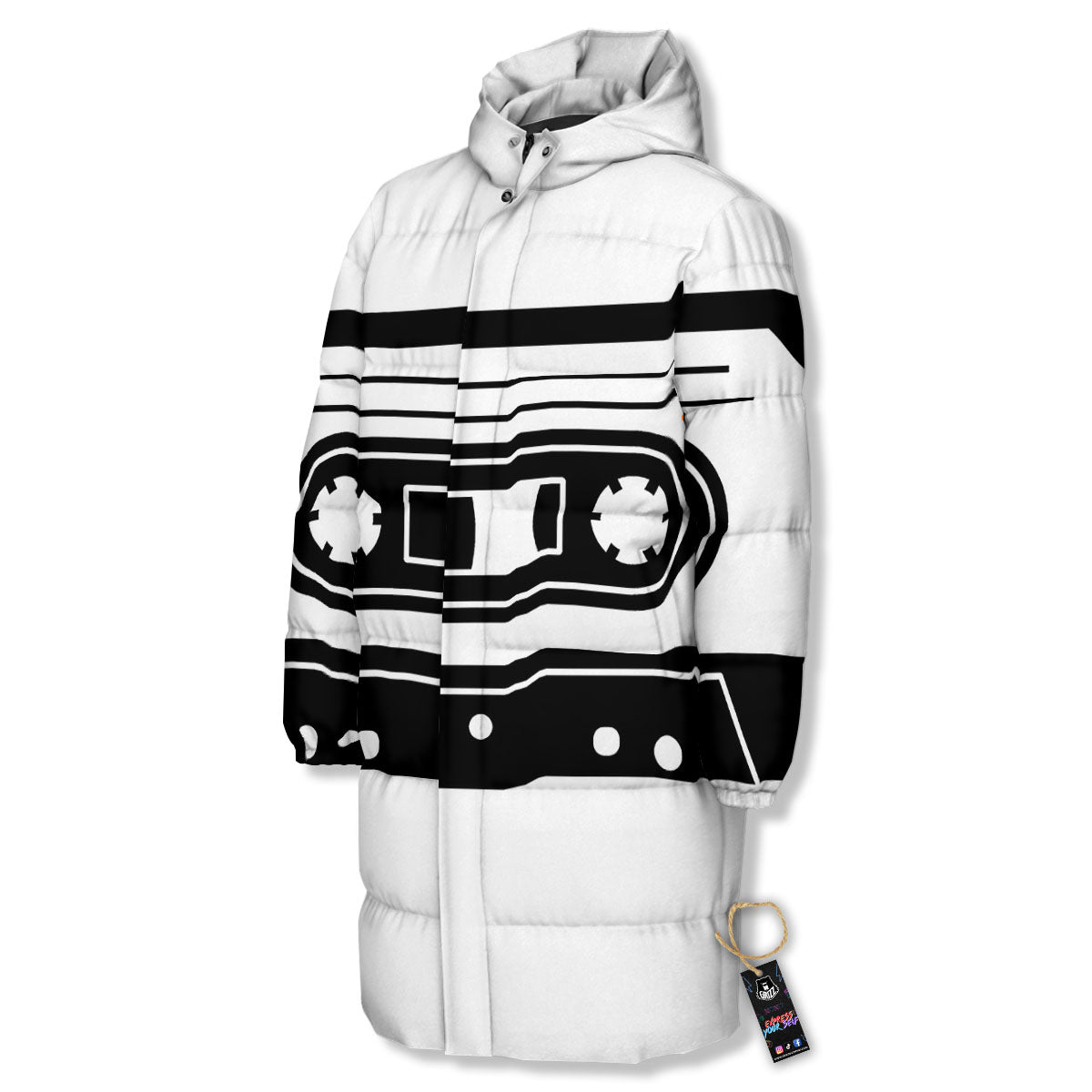 Cassette Tape White And Black Print Long Down Jacket