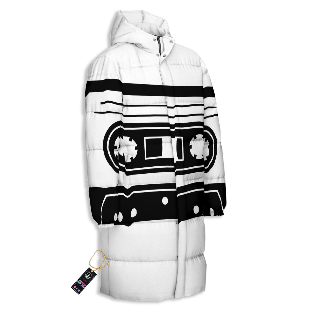 Cassette Tape White And Black Print Long Down Jacket