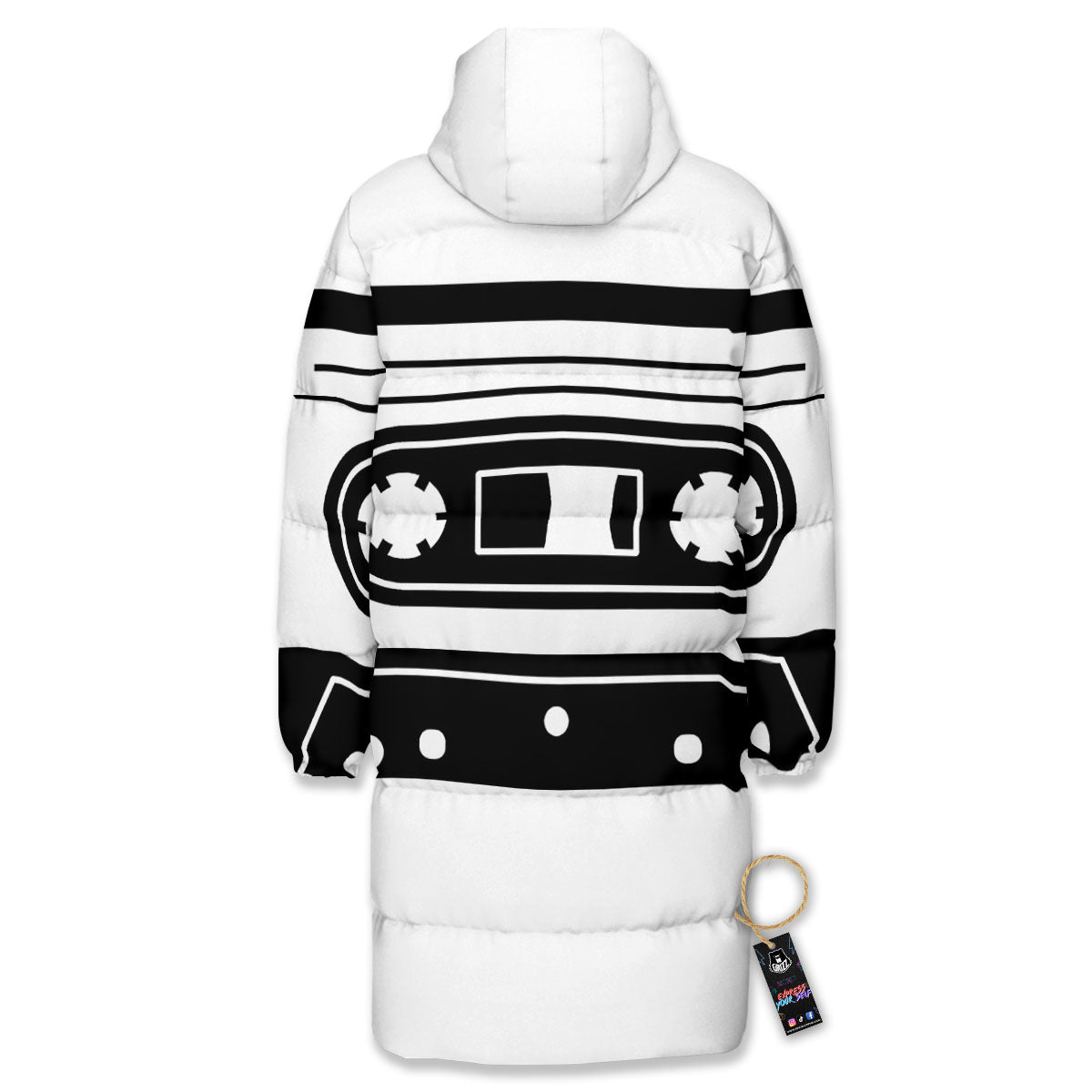 Cassette Tape White And Black Print Long Down Jacket