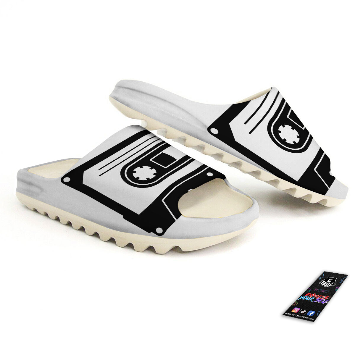 Cassette Tape White And Black Print Sandals-grizzshop