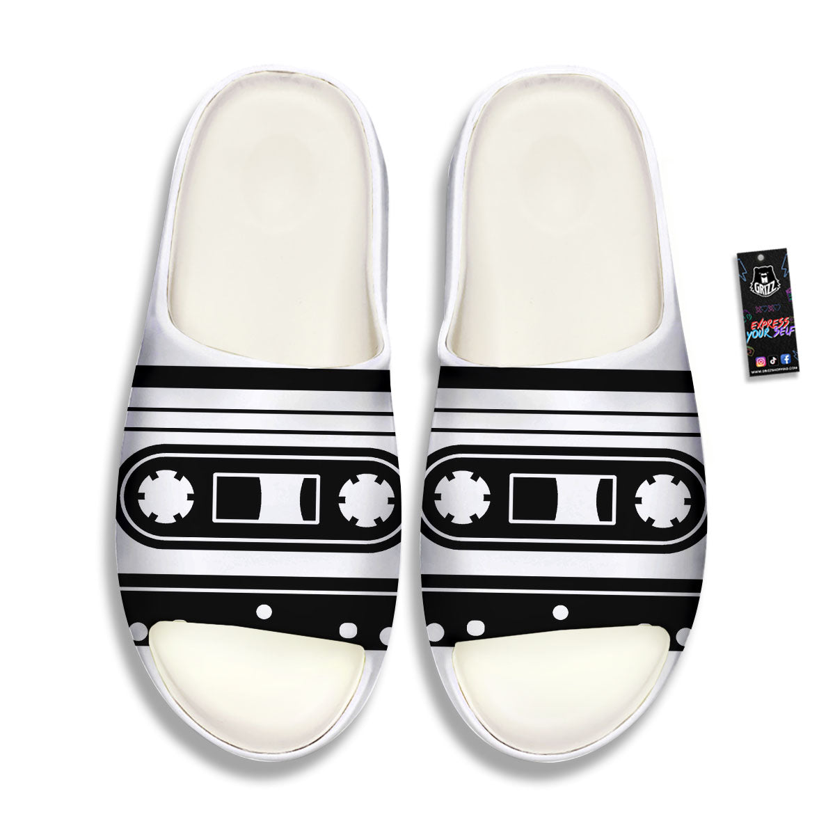Cassette Tape White And Black Print Sandals-grizzshop