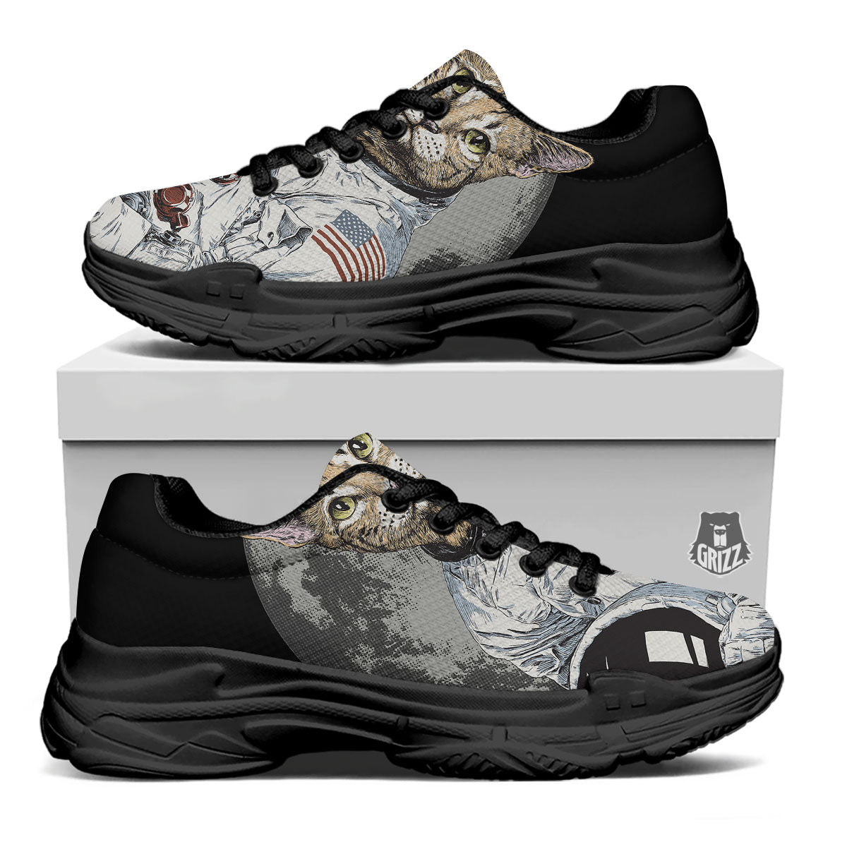Cat American Astronaut On The Moon Print Black Chunky Shoes-grizzshop