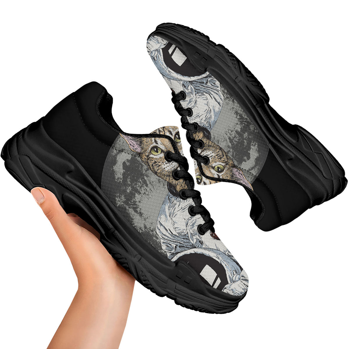 Cat American Astronaut On The Moon Print Black Chunky Shoes-grizzshop