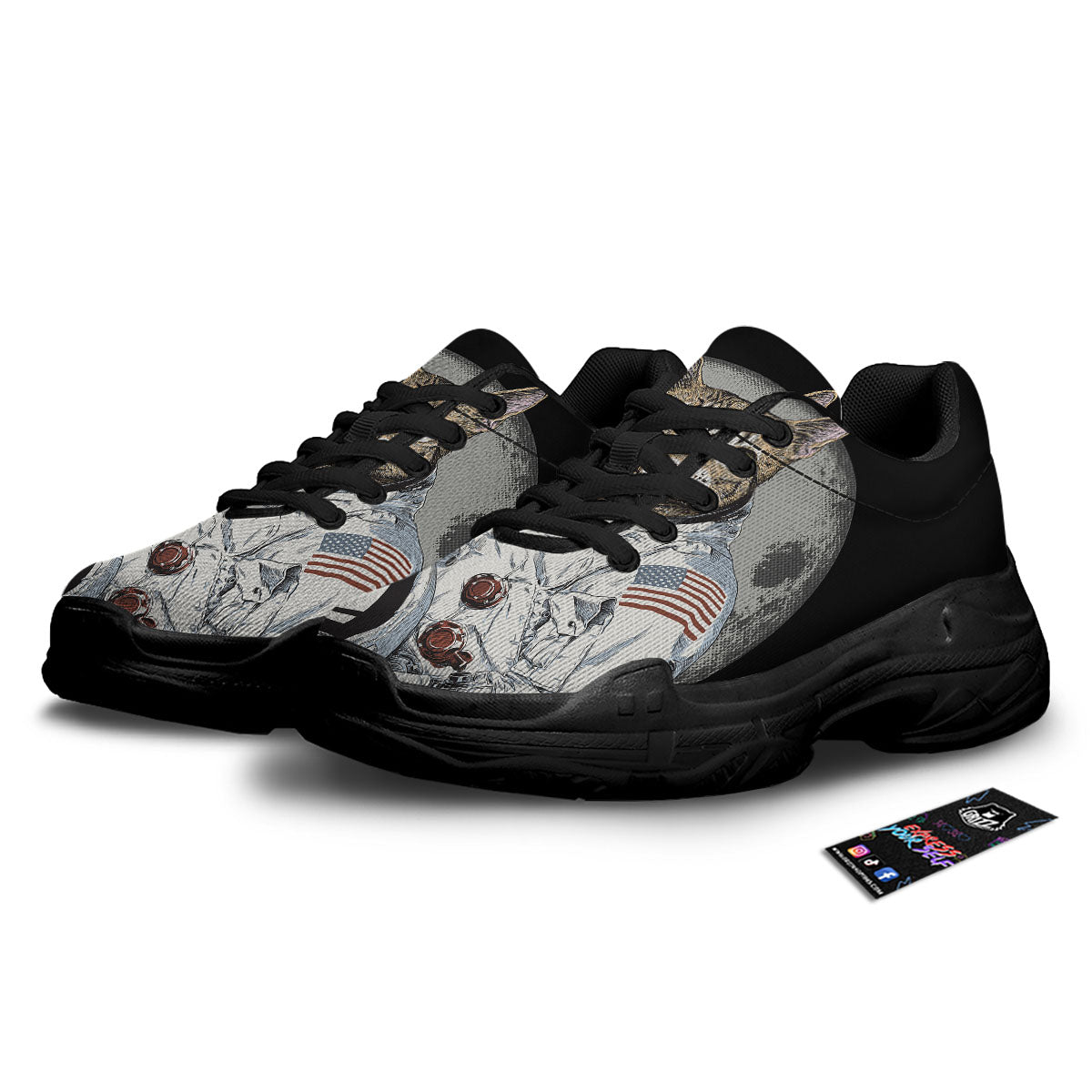 Cat American Astronaut On The Moon Print Black Chunky Shoes-grizzshop