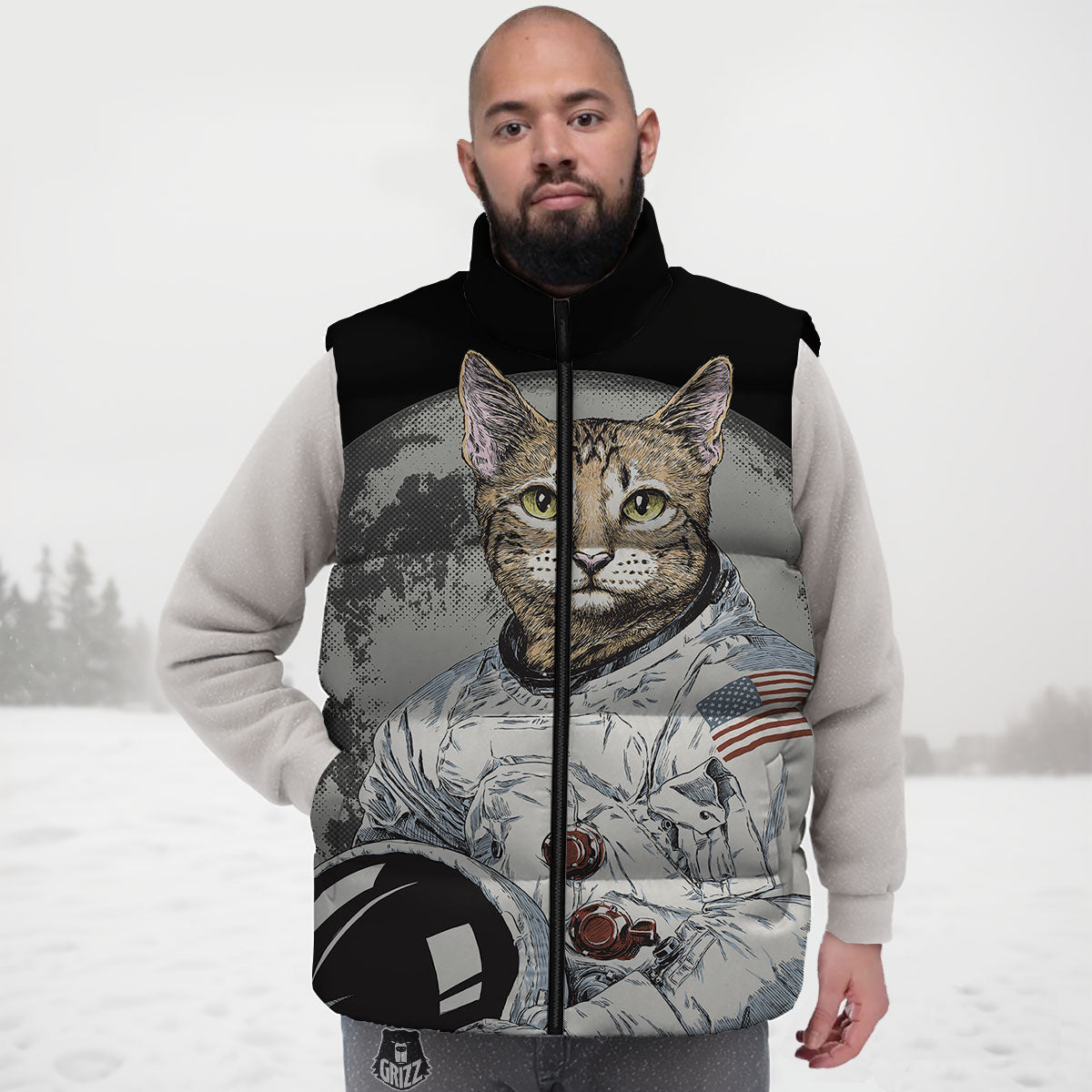 Cat American Astronaut On The Moon Print Down Vest