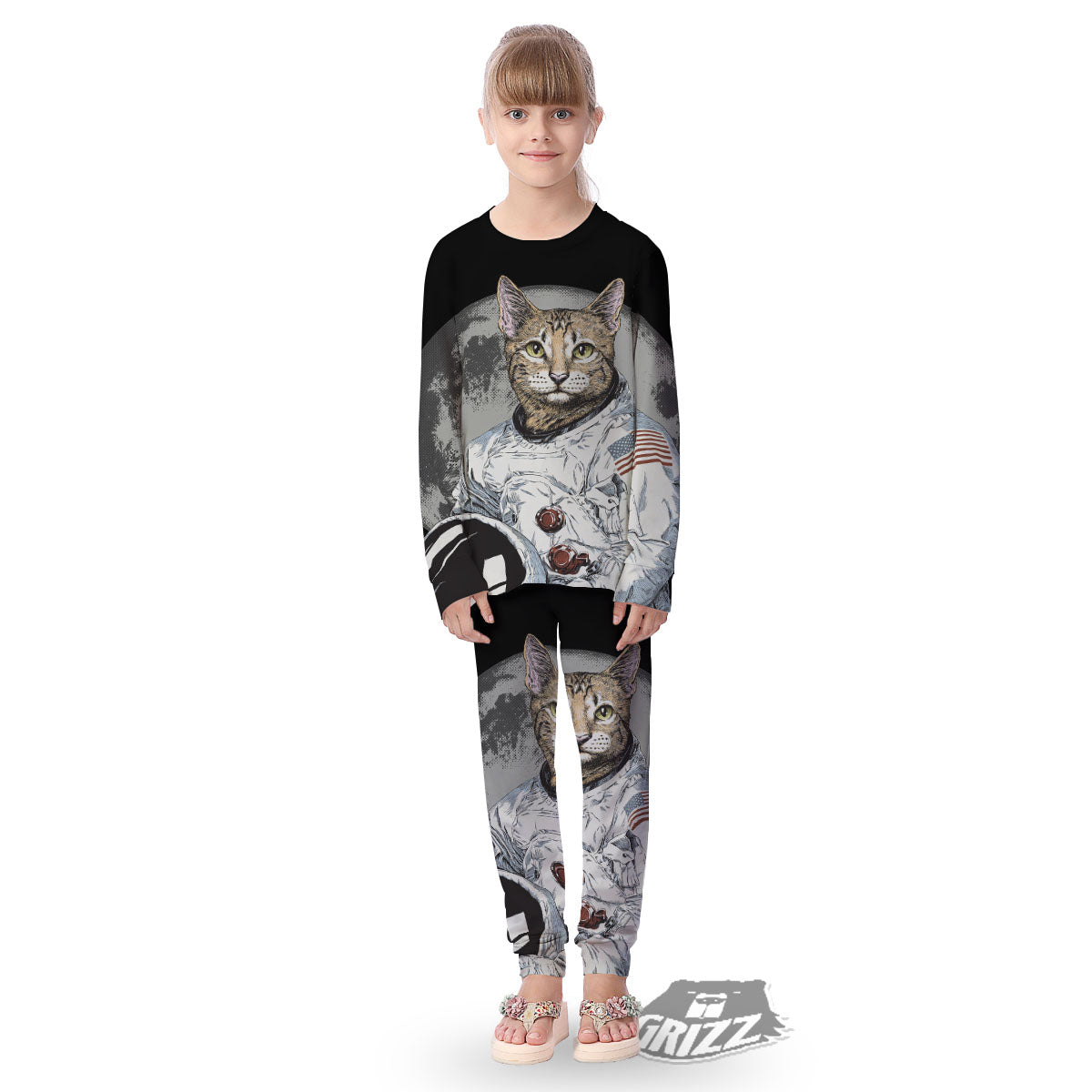 Cat American Astronaut On The Moon Print Kid's Pajamas-grizzshop