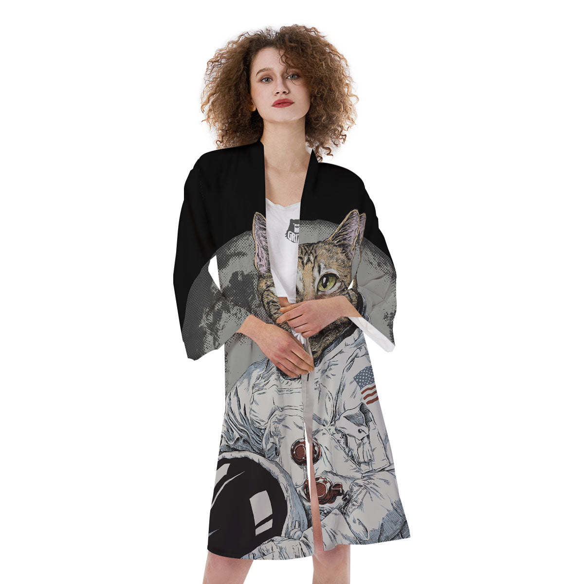 Cat American Astronaut On The Moon Print Kimono-grizzshop