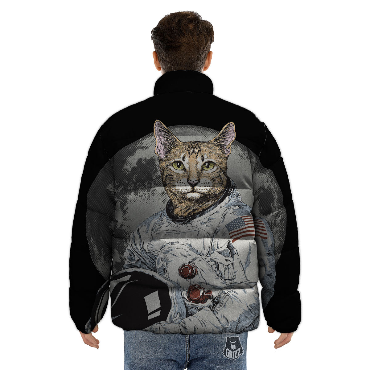Cat American Astronaut On The Moon Print Puffer Jacket-grizzshop