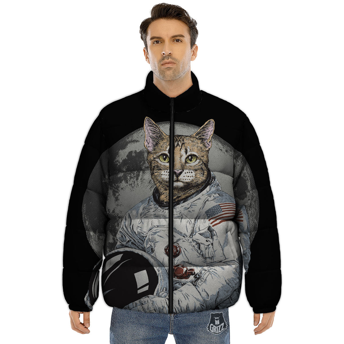 Cat American Astronaut On The Moon Print Puffer Jacket-grizzshop