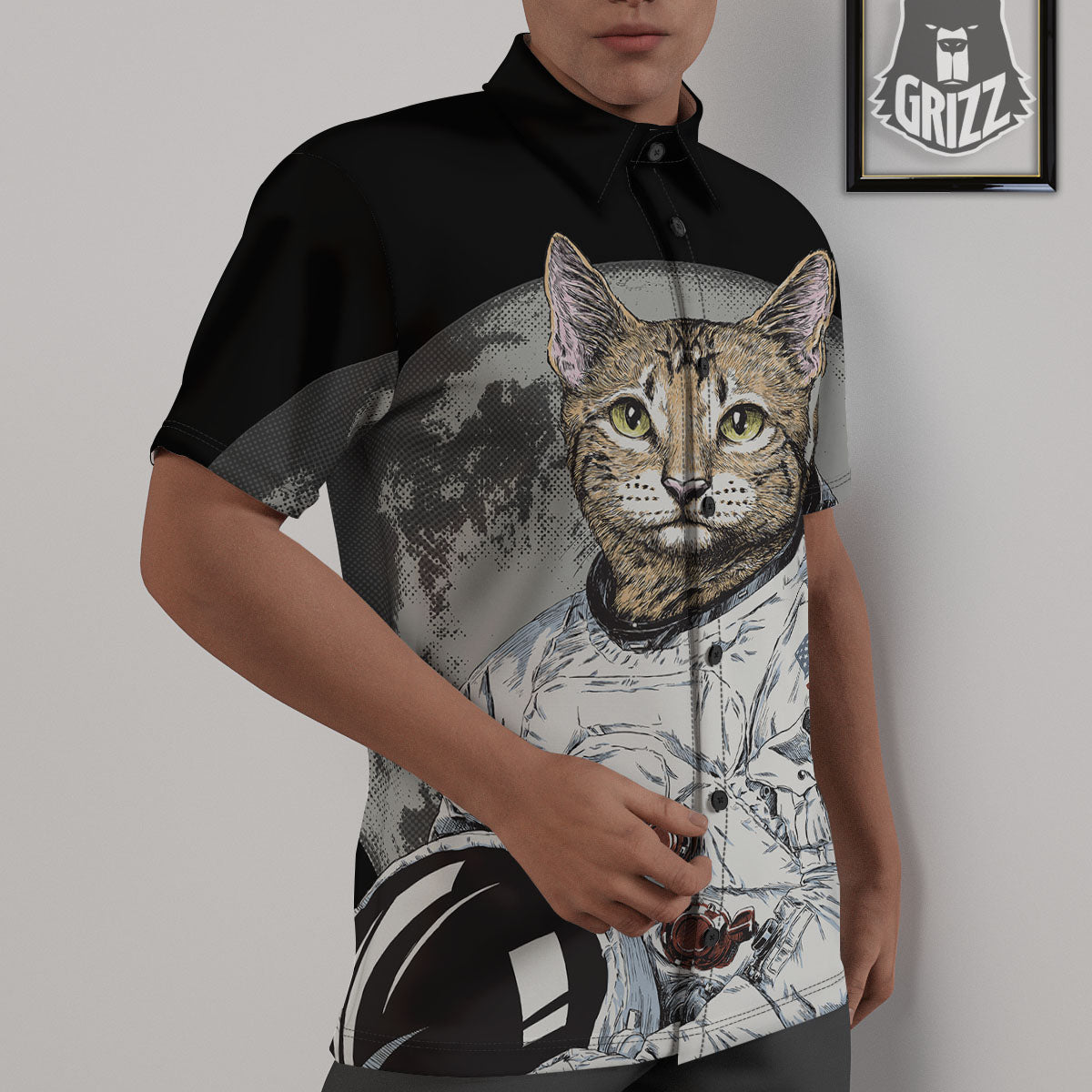 Cat American Astronaut On The Moon Print Untucked Shirts-grizzshop