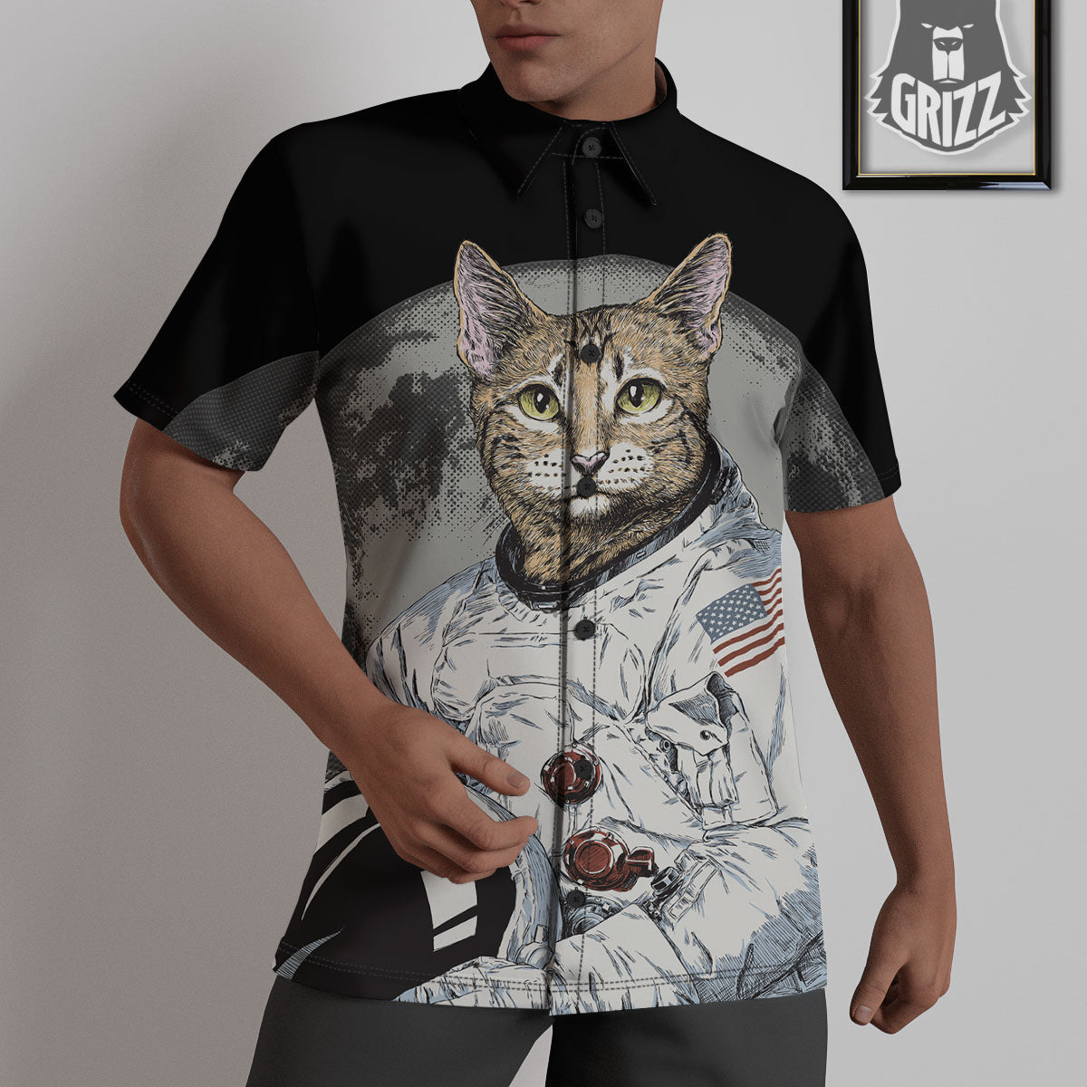 Cat American Astronaut On The Moon Print Untucked Shirts-grizzshop