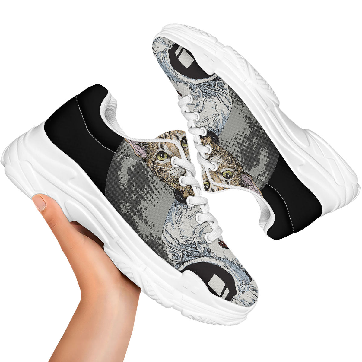Cat American Astronaut On The Moon Print White Chunky Shoes-grizzshop