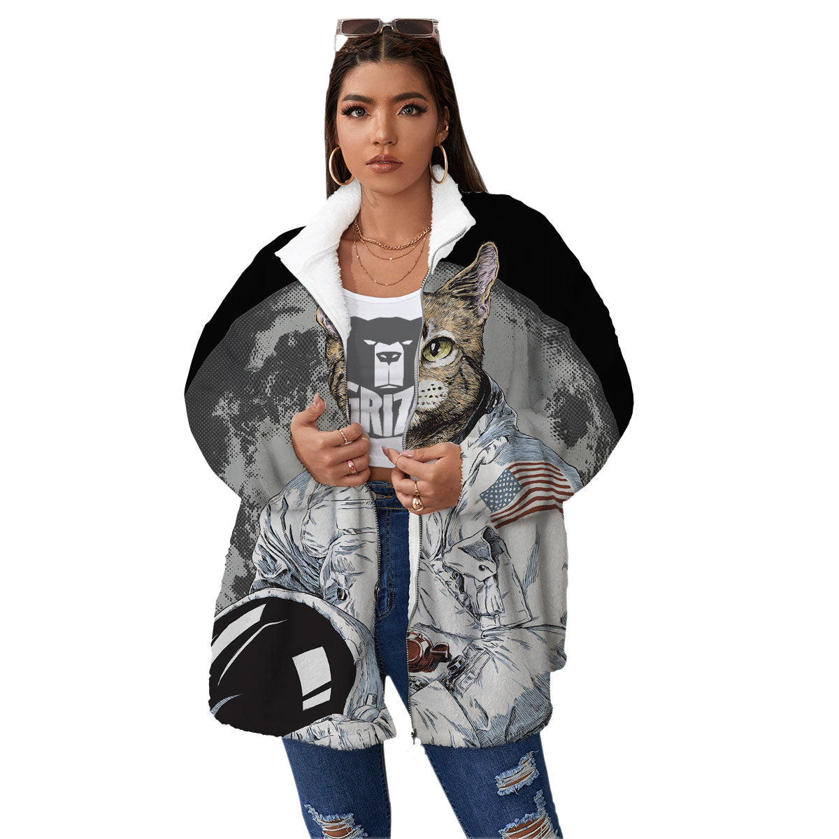 Cat American Astronaut On The Moon Print Women's Sherpa Jacket-grizzshop