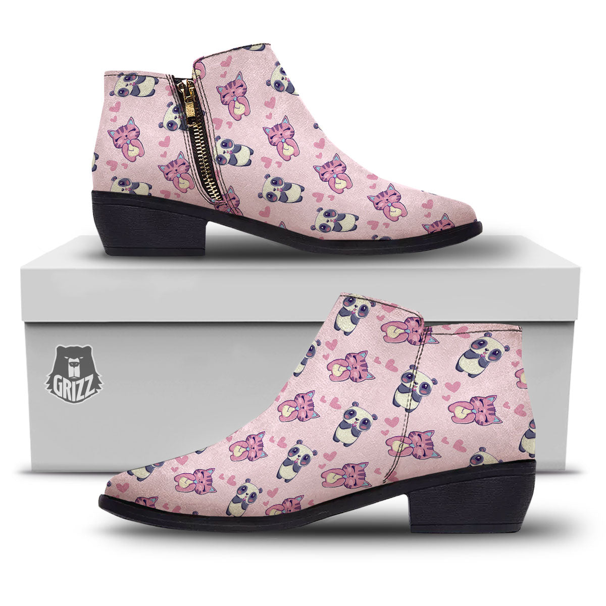 Cat And Panda Lover Print Pattern Ankle Boots-grizzshop