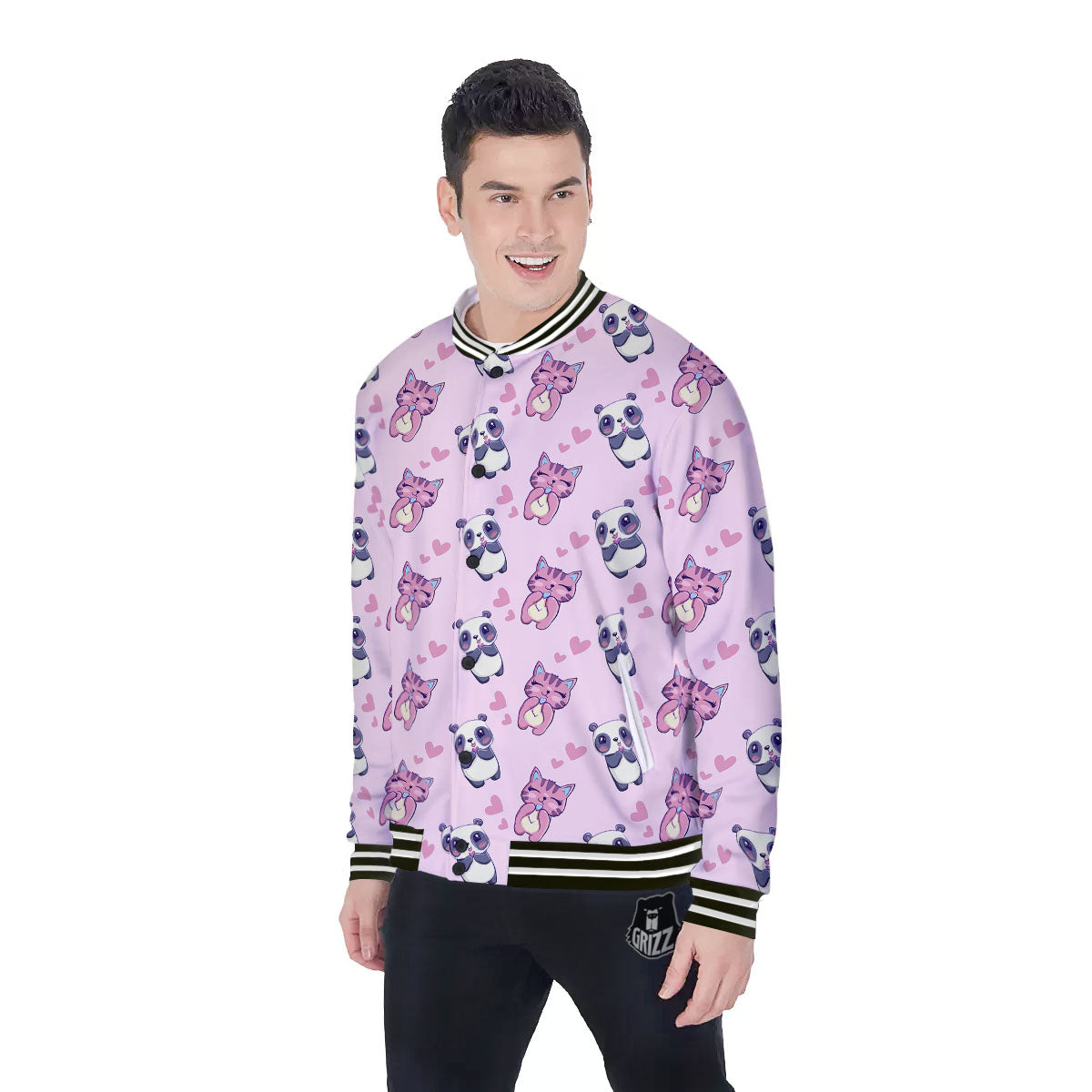 Cat And Panda Lover Print Pattern Baseball Jacket-grizzshop