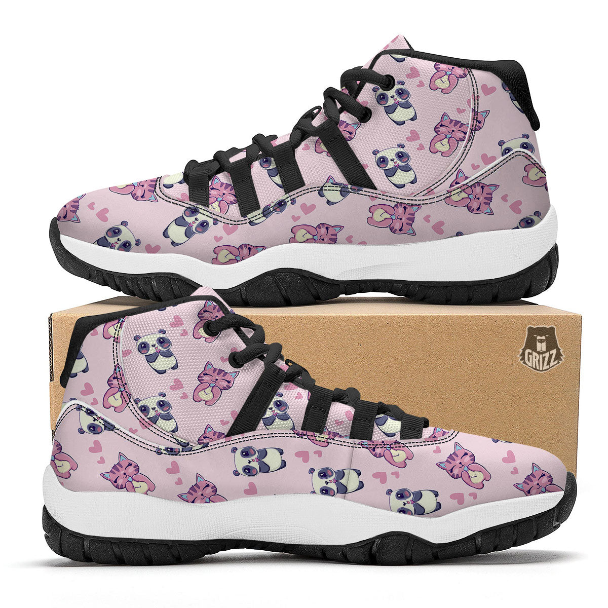 Cat And Panda Lover Print Pattern Black Bball Shoes-grizzshop
