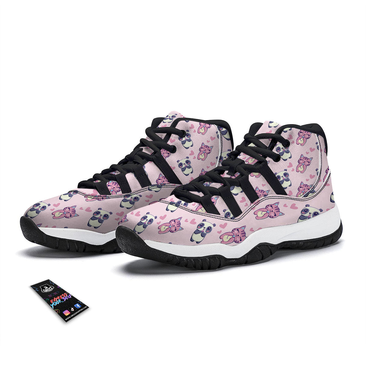 Cat And Panda Lover Print Pattern Black Bball Shoes-grizzshop