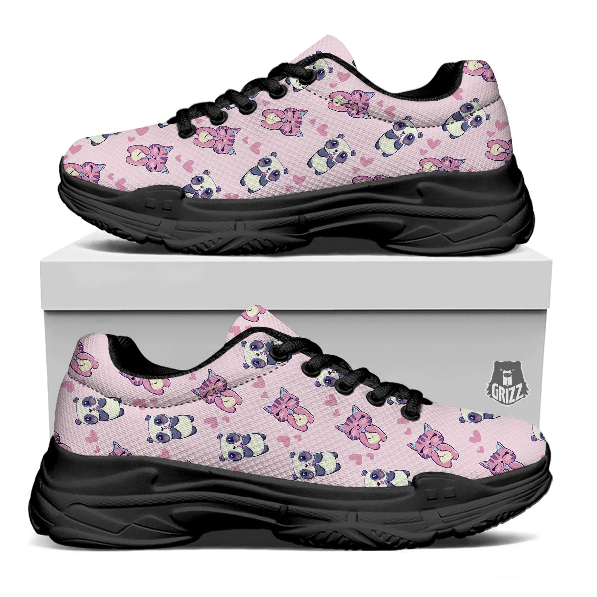 Cat And Panda Lover Print Pattern Black Chunky Shoes-grizzshop