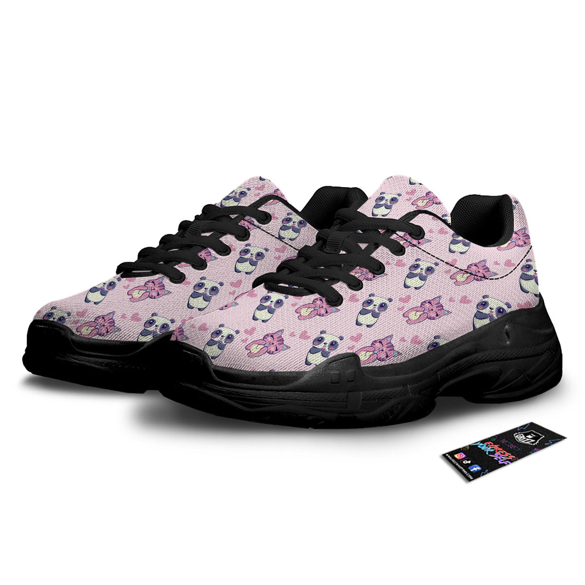 Cat And Panda Lover Print Pattern Black Chunky Shoes-grizzshop