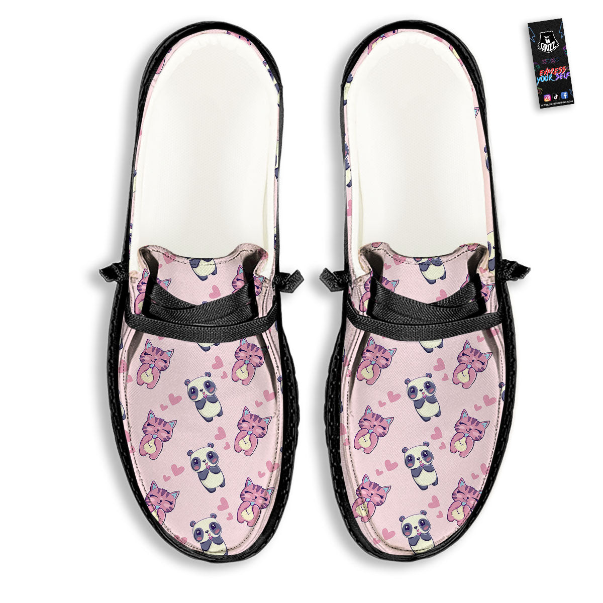 Cat And Panda Lover Print Pattern Black Loafers-grizzshop