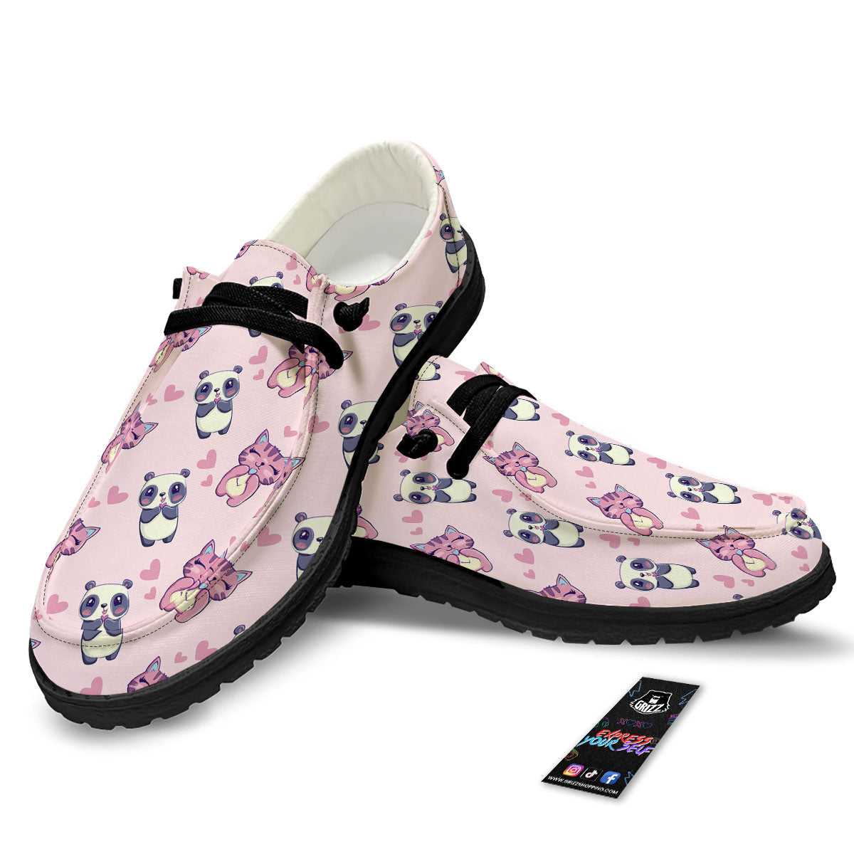Cat And Panda Lover Print Pattern Black Loafers-grizzshop