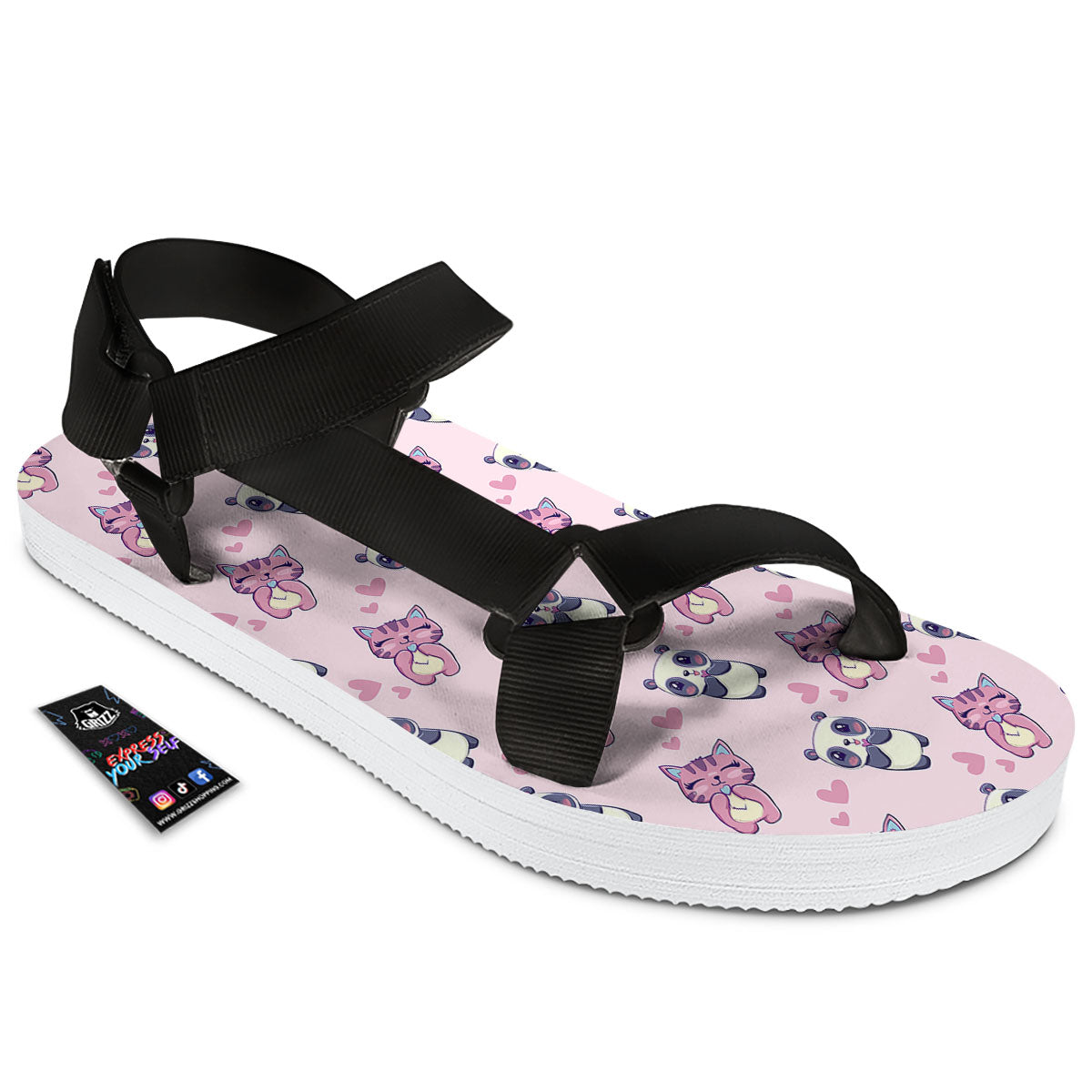 Cat And Panda Lover Print Pattern Black Open Toe Sandals-grizzshop