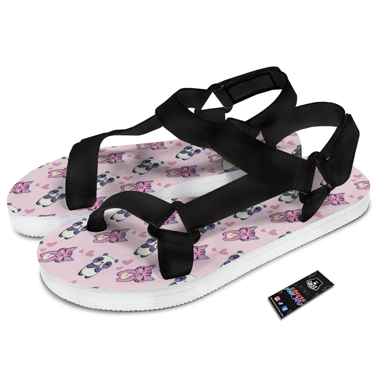Cat And Panda Lover Print Pattern Black Open Toe Sandals-grizzshop