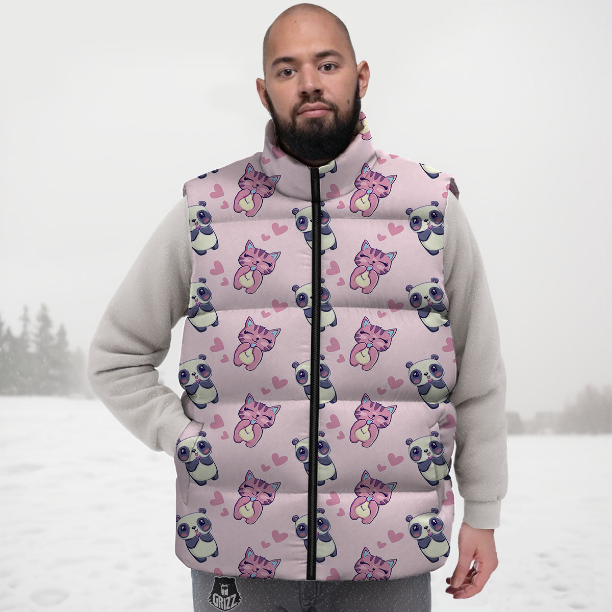 Cat And Panda Lover Print Pattern Down Vest