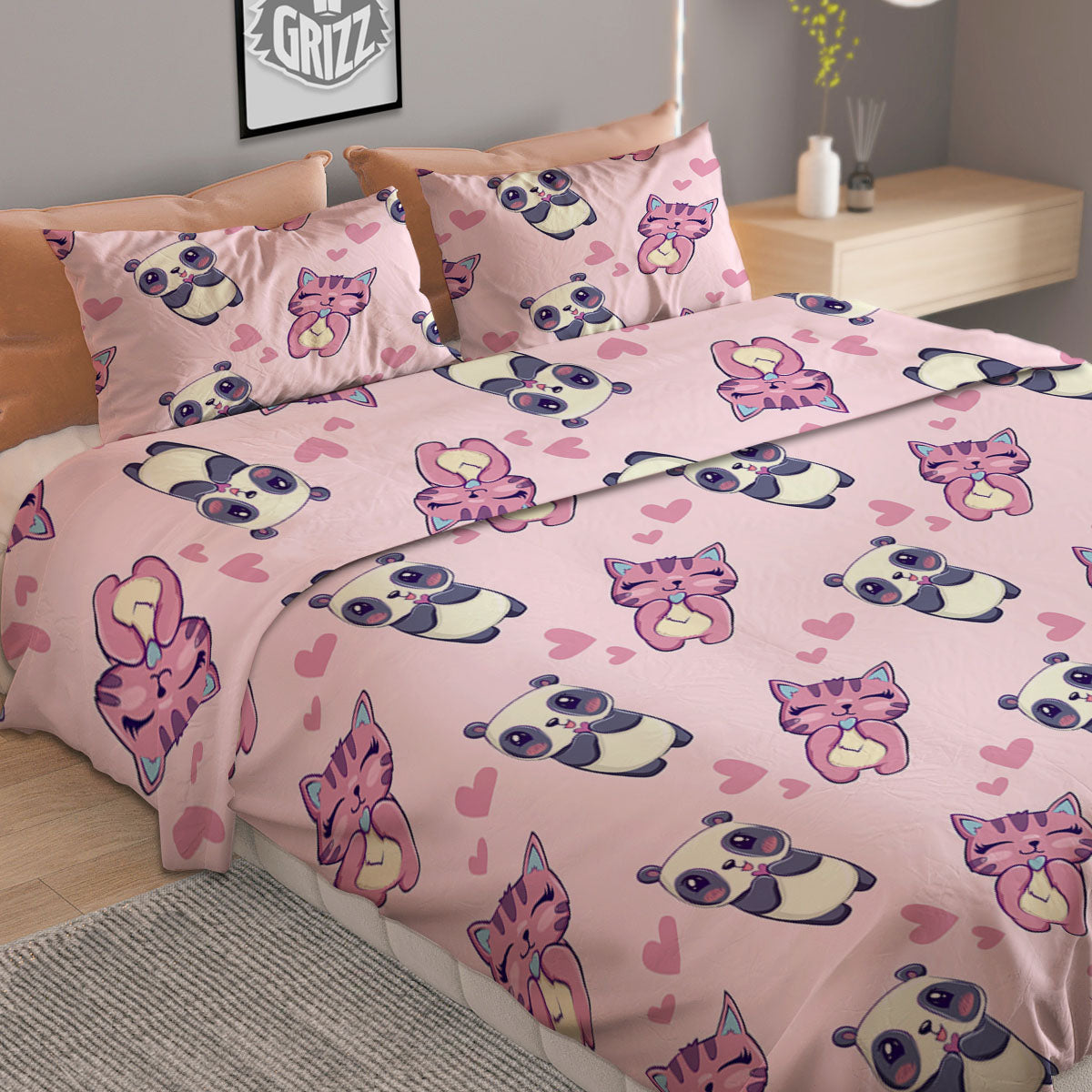 Cat And Panda Lover Print Pattern Duvet Cover Bedding Set
